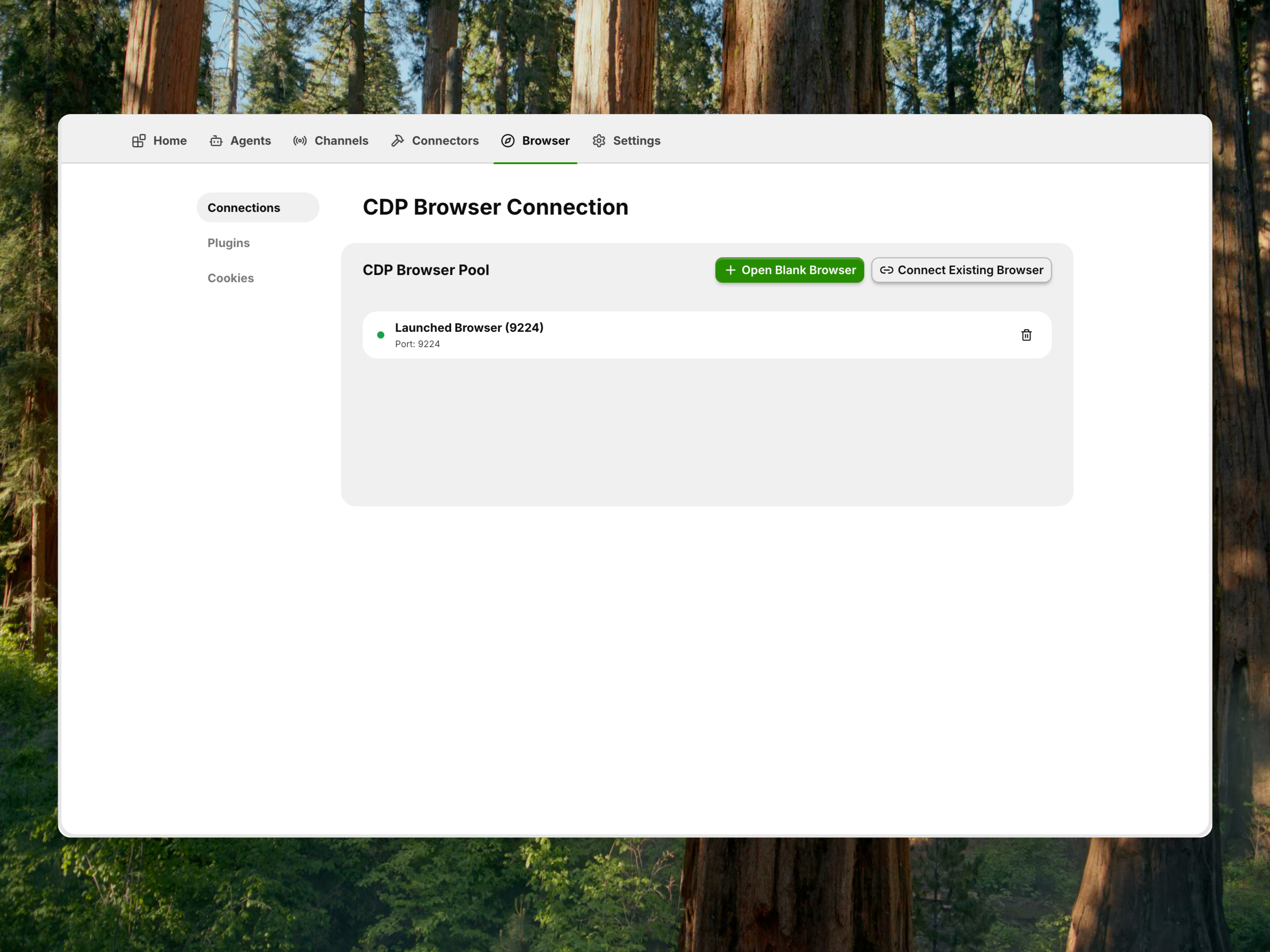Browser settings with navigation and active browser pool