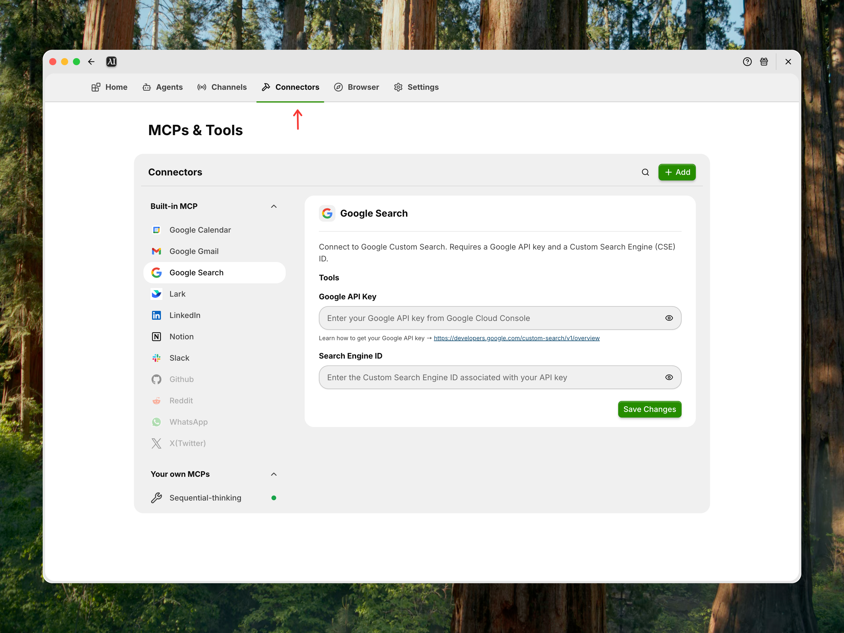 Connectors page with MCP integrations