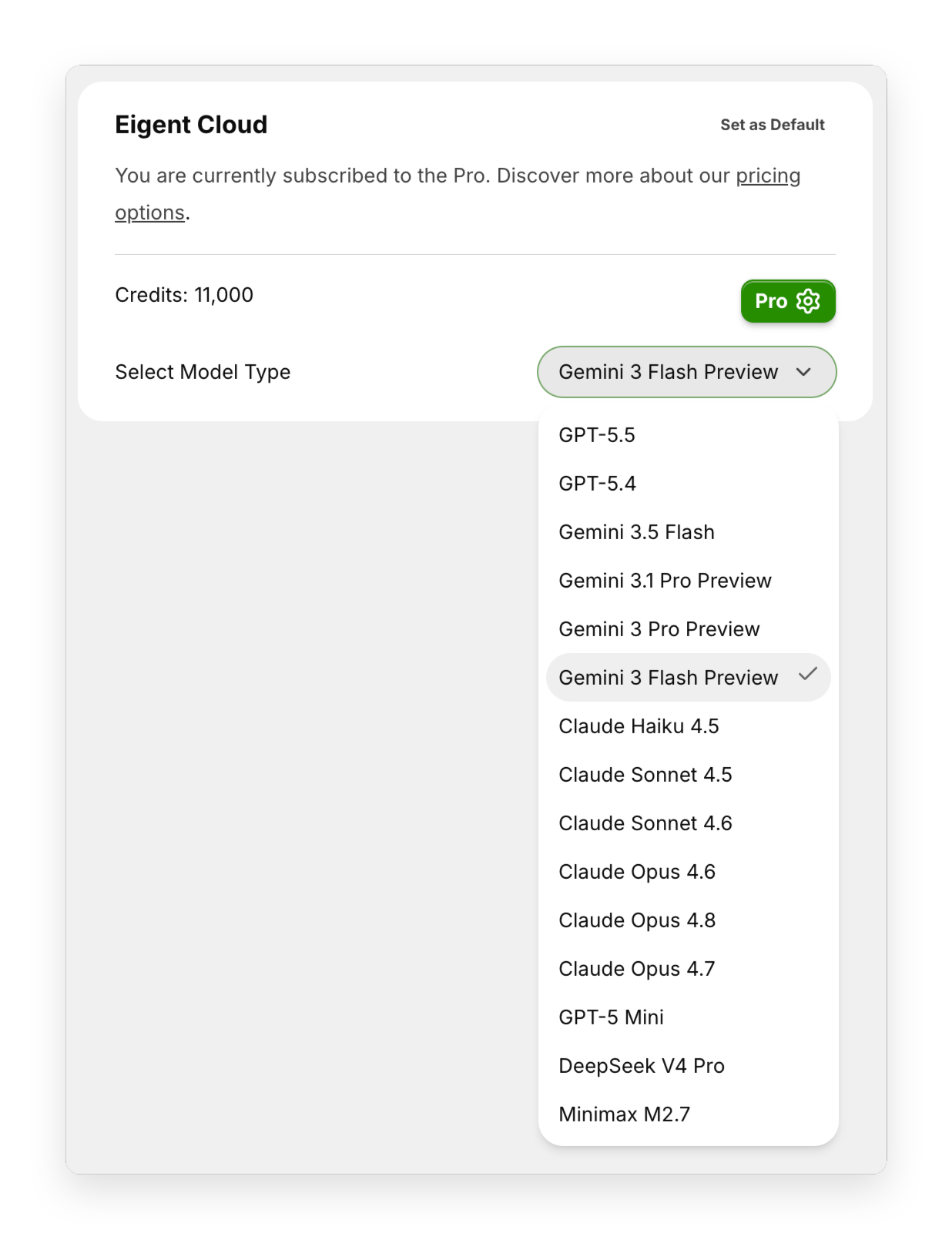 Eigent Cloud model catalog and preferred-model control